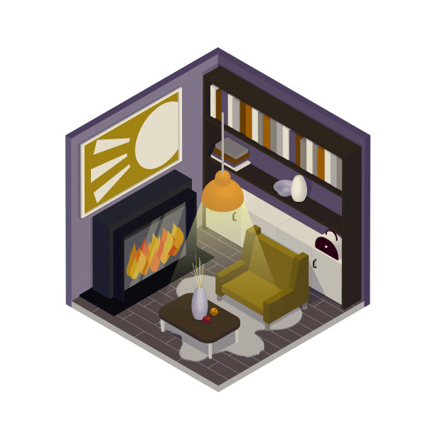 酷酷的现代客厅在等距视角。模板用于横幅，海报设计。商业室内设计师，建筑公司，电脑或手机游戏的公寓插画图片下载