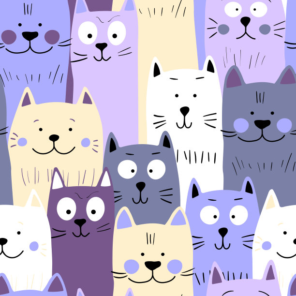 无缝图案与可爱的小猫印花。不同的丑闻猫在彩色背景。斯堪的纳维亚风格的儿童插画。矢量插图为织物，纺织品，墙纸，家装，睡衣图片下载