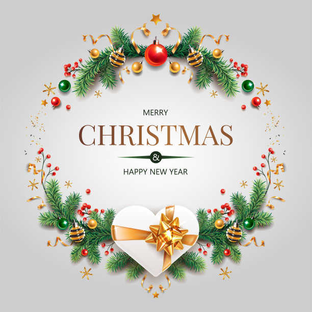 装饰的边界从圣诞树的树枝，礼物，丝带，球和文字孤立在一个浅色的背景。图片下载