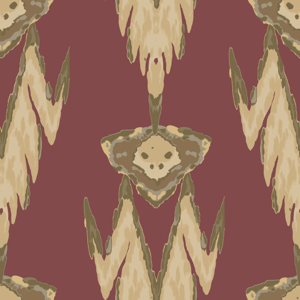 菱形伊卡特向量图案。Ogee几何印花。水彩蜡染无缝设计。充满活力的地毯，Chevron图案。摘要:基林族。金色，绿色和红色湿领带染料装饰。图片下载