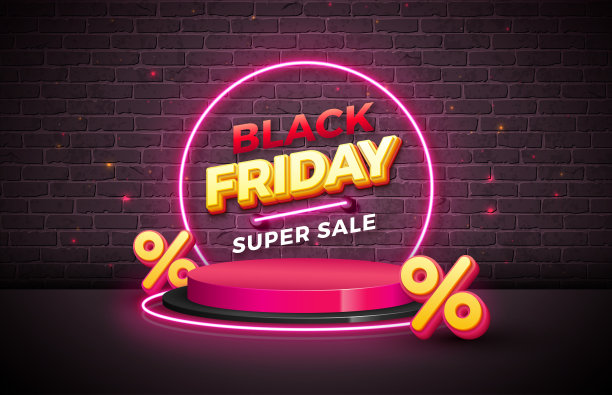 黑色星期五销售插图与3d字母和发光的霓虹灯暗砖墙背景。矢量新年和圣诞节贺卡，传单，横幅，庆祝海报或聚会邀请的设计模板。图片下载
