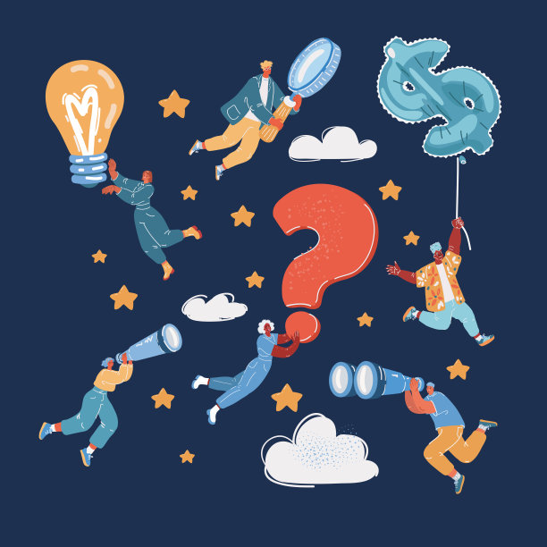 多文化团队的卡通矢量插图。具有团队合作精神的人。有灯泡、问号、放大镜、美元符号、双筒望远镜和小望远镜的人。图片下载