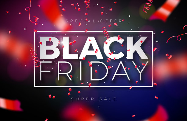 黑色星期五销售插图与坠落的五彩纸屑和蛇纹在黑暗的背景。矢量新年和圣诞节贺卡，传单，横幅，庆祝海报或聚会邀请的设计模板。图片下载