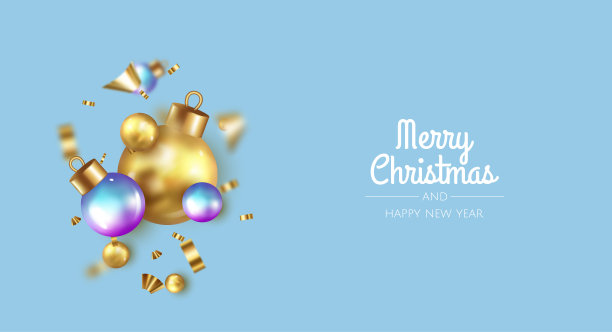 新年快乐，圣诞快乐。背景与现实的节日球。白色和金色的圣诞球，闪亮的五彩纸屑和金色的雪花图片下载