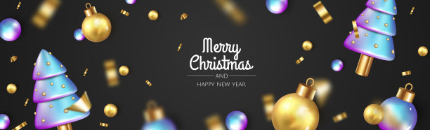 新年快乐，圣诞快乐。圣诞假期背景与现实的3d对象，圣诞球，金属树，礼物。悬浮下落设计构成。图片下载