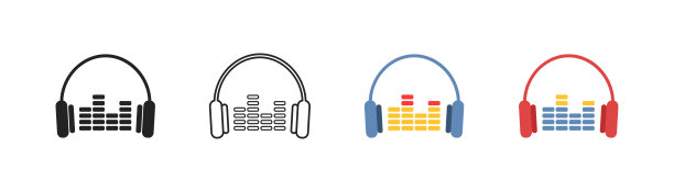 耳机轮廓图标在白色背景。红色和蓝色的耳机与音频节拍，均衡器。音乐的概念。Dj，歌曲符号。玩家装备。简单的平面设计。图片下载