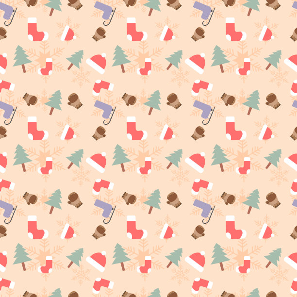 圣诞主题无缝重复图案创造的元素，如手套，袜子，圣诞树滑雪滑冰鞋，手绘矢量重复图案的纺织品，织物，礼品包装，包装和背景图片下载