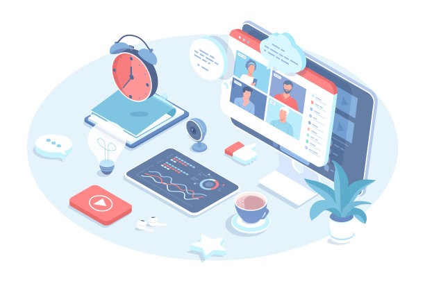 一群人的视频通话。在线交流，视频会议。同事的远程会议。三维设计中的矢量插图。等距网页横幅。图片下载