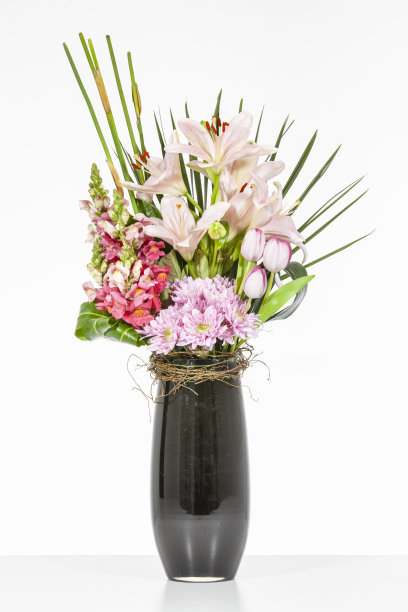 优雅的插花在美丽的花瓶孤立在明亮的白色工作室图片下载