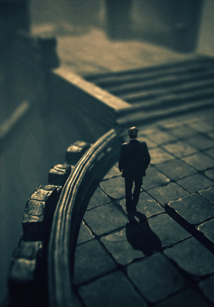 穿西装的人走在古老的废墟上。高角度视图。3 d渲染。图片下载