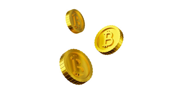 真实的黄金比特币浮动硬币运动隔离在白色背景。三维渲染图片下载