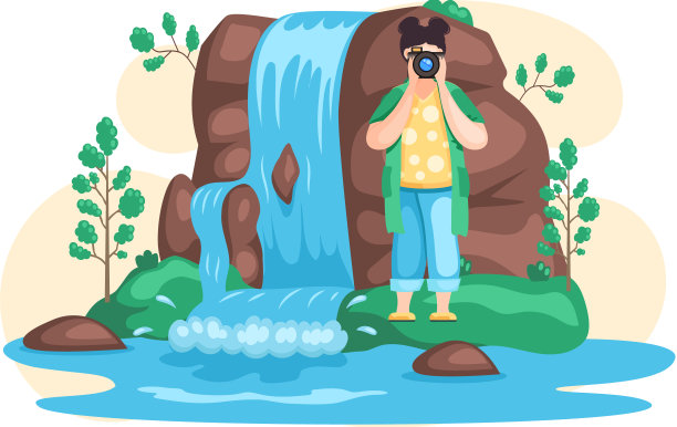 公园山间自然景观瀑布。拍摄水流从山上流下的女孩图片下载