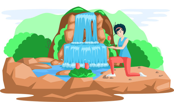 瀑布在山间自然景观。女旅行者欣赏美丽的自然和鲜花图片下载