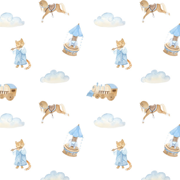 水彩图案与复古可爱的童话猫，旋转木马，马，云图片下载