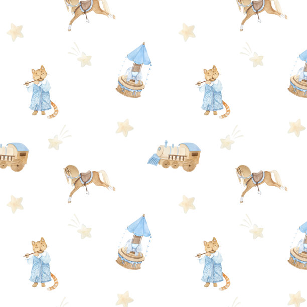 水彩图案与复古可爱的童话猫，旋转木马，马，星星图片下载
