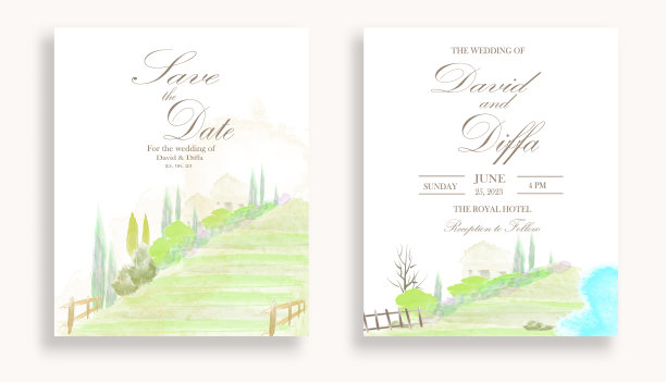 风景主题和水彩元素的婚礼请帖图片下载