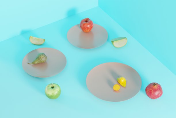 蓝色背景上的水果。图片下载