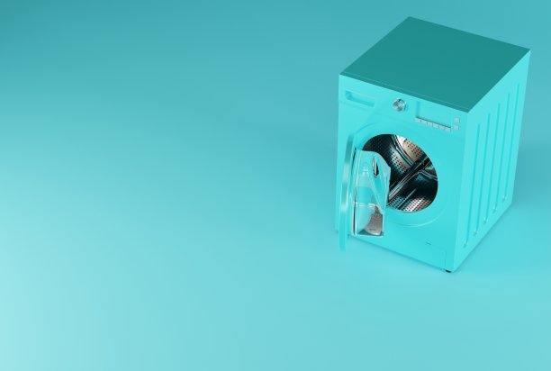 蓝色粉彩背景的洗衣机。图片下载