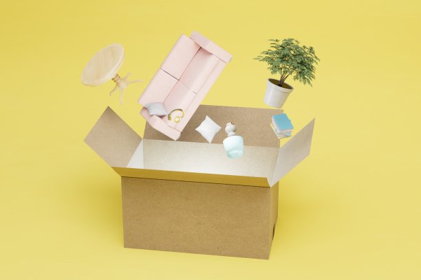 搬家公司在搬家期间提供服务。盒子与内部项目的黄色背景。三维渲染图片下载