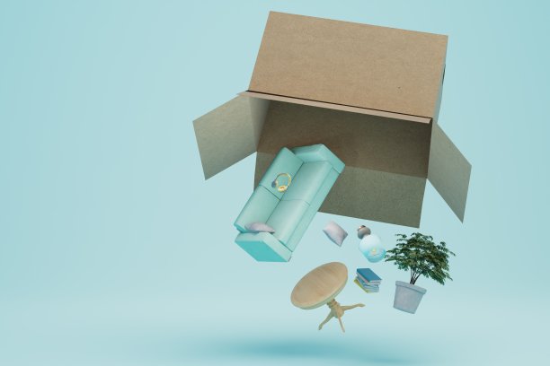 移动的概念。室内物品飞出盒子在一个蓝色的背景。三维渲染图片下载