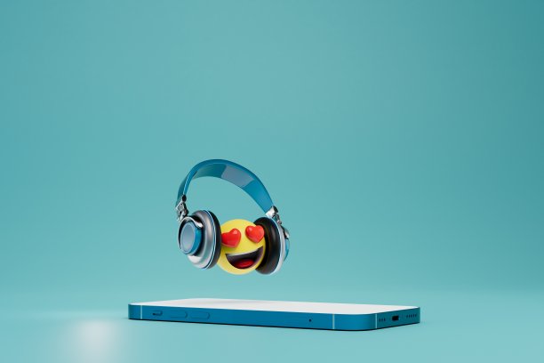 智能手机里最喜欢的音乐。智能手机和笑脸，眼睛和心形耳机。三维渲染图片下载