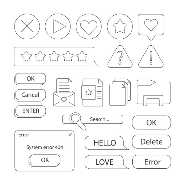 90年代复古蒸汽波老桌面用户界面元素。涂鸦风格。可爱怀旧的电脑ui，复古的美学图标和窗口矢量集。90年代接口数字，复古窗口电脑。图片下载