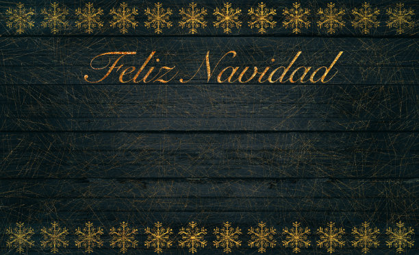 铭文Feliz Navidad由金色字母在一个彩色的旧木板在金色雪花木制破旧的深蓝色墙壁背景，季节，卡片，问候，节日背景，圣诞节，西班牙语，西班牙语世界图片下载