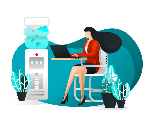 矢量插图为网页，元素，横幅，演示，海报，用户界面。性感的秘书或商业女性工作和坐在办公室办公桌与笔记本电脑。优雅的女助理。平面卡通风格图片下载