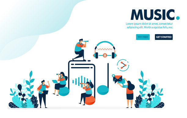 矢量插图音乐娱乐。周围的人都戴着音乐标牌和耳机。在社交媒体上聆听、创作和分享音乐。为着陆页面，网页，横幅，模板，传单，海报设计图片下载
