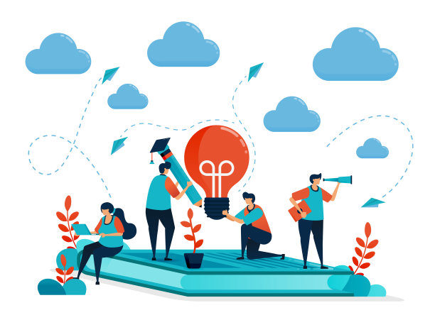 在学习和教育方面的想法和灵感。人们坐在书上。现代在线学习。灯泡和铅笔。教育业务。为名片，横幅，宣传册，传单插图图片下载