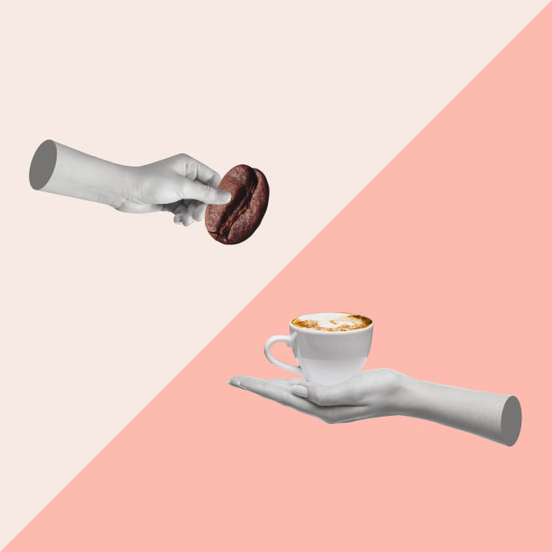 当代艺术拼贴画，人的手拿着咖啡和咖啡豆。图片下载