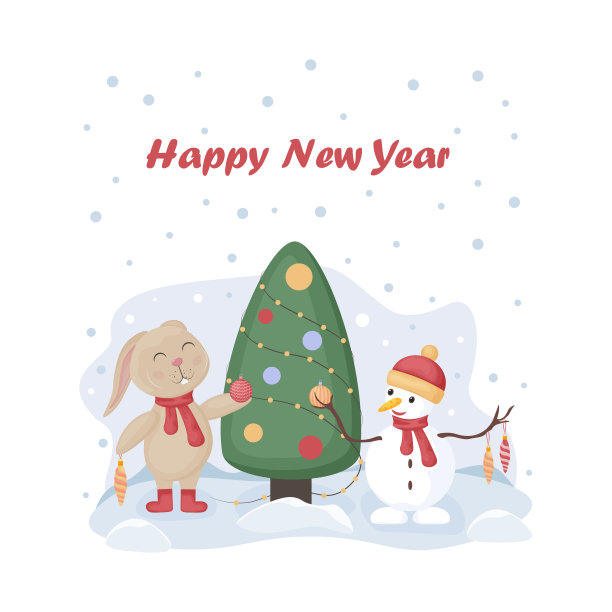 圣诞兔子。可爱的新年插画，图案是新年的象征——兔子。一只兔子和一个雪人站在一棵装饰好的圣诞树旁。向量图片下载