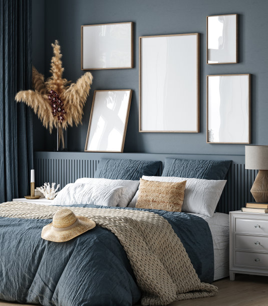 框架模型在舒适的深蓝色卧室内部图片下载
