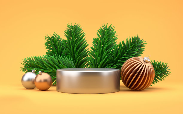 用冷杉树枝和玻璃球做成的圣诞海报。常绿云杉小枝与空显示在黄色背景。三维渲染图片下载