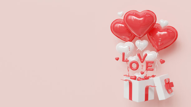 3d渲染红白心形气球与情话文字气球和打开礼盒情人节装饰图片下载