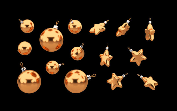 不同大小的圣诞玻璃球套装。各式各样的金色节日舞会。星形和圆形装饰集孤立在黑色背景。三维渲染图片下载