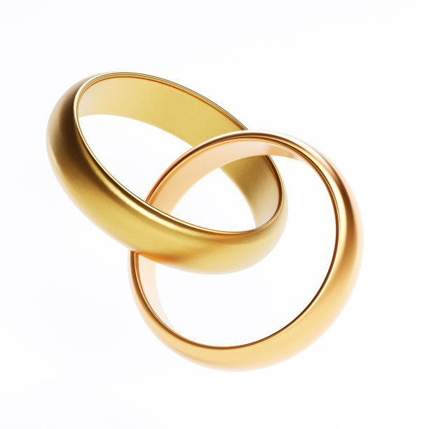 白色背景的金色订婚戒指。逼真的3D渲染。图片下载