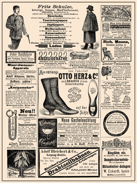 商业杂志的德语广告页，有许多促销横幅、小插图和漫画;可追溯到1891年图片下载