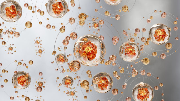 化妆品精油液滴与分子，原子结构，电子绕核，谷氨酸化妆品广告背景，胶原蛋白血清滴，3d渲染图片下载