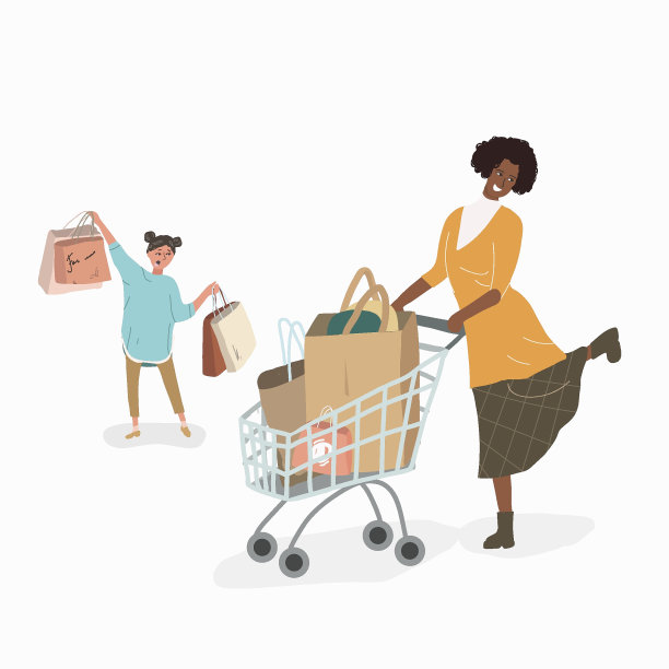 非洲裔美国妇女和女孩在购物中欢欣鼓舞，与购物车，女孩与包裹。人物,卡通。服装销售，消费主义理念。服装店，服装零售。图片下载
