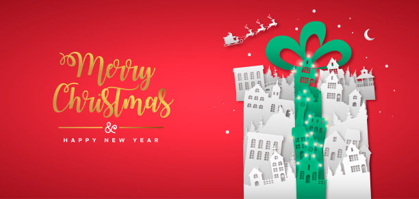 圣诞新年剪纸礼物冬城图片下载