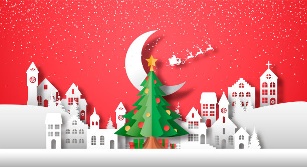 平安夜纸剪冬城松树图片下载