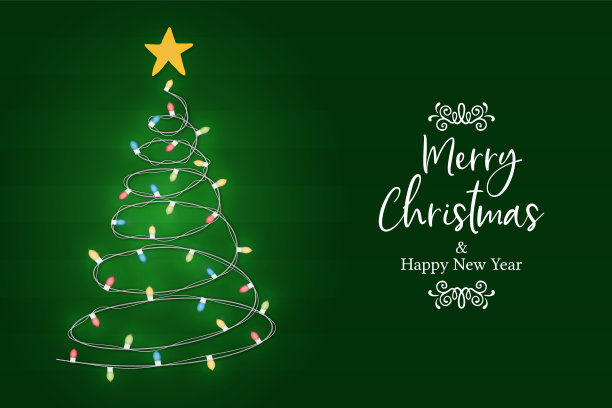 圣诞新年绿色圣诞松树灯卡图片下载
