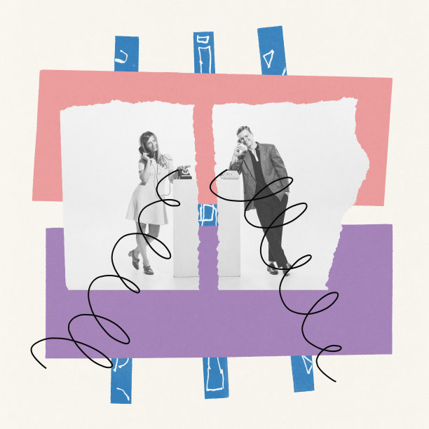 当代艺术拼贴。年轻男女在打电话。异地恋。分手图片下载