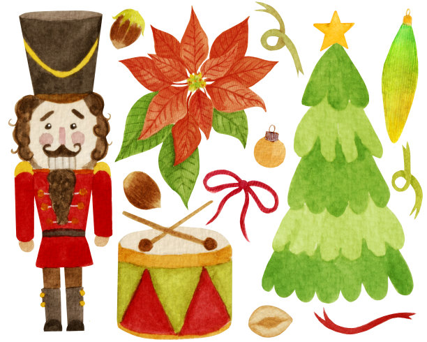 水彩明亮套装圣诞用品。一品红，胡桃夹子玩具，坚果，鼓，圣诞树，装饰孤立在白色背景。图片下载
