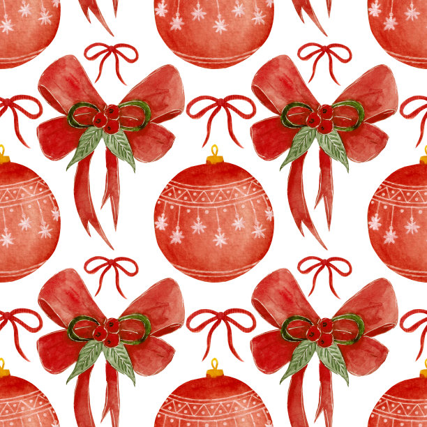 水彩图案与树玩具和红色蝴蝶结装饰浆果和树叶。图片下载