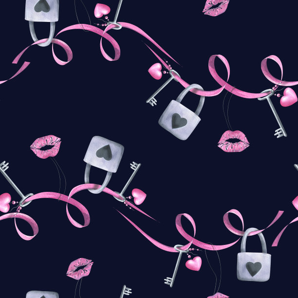 黑色背景上挂着锁、钥匙和吻的丝带。水彩插图。情人节系列的无缝图案。用于织物，纺织品，包装纸，印刷品图片下载