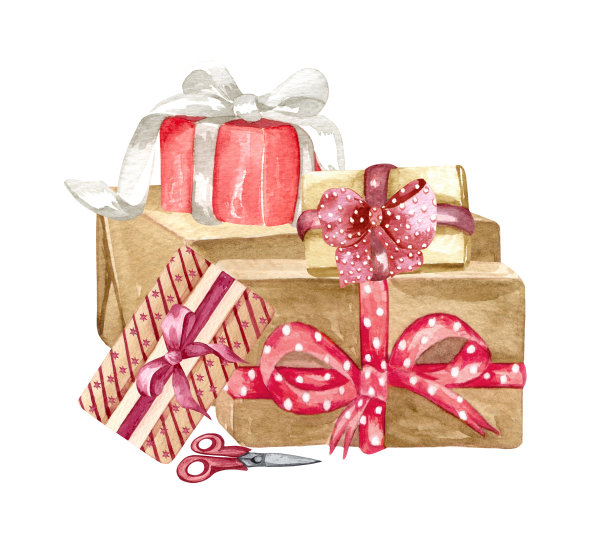 水彩礼盒在一个工艺纸与明亮的丝带。手绘假日设计元素孤立在白色背景。圣诞礼物。图片下载