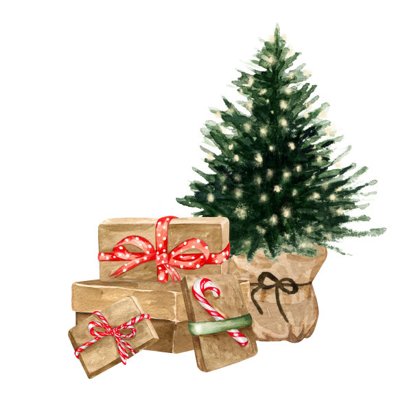 水彩礼盒在一个工艺纸与明亮的丝带。手绘假日设计元素孤立在白色背景。圣诞礼物。图片下载