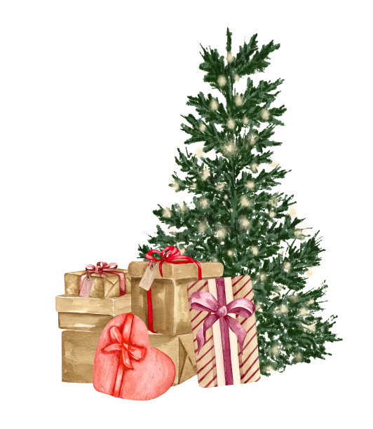 水彩礼盒在一个工艺纸与明亮的丝带。手绘假日设计元素孤立在白色背景。圣诞礼物。图片下载